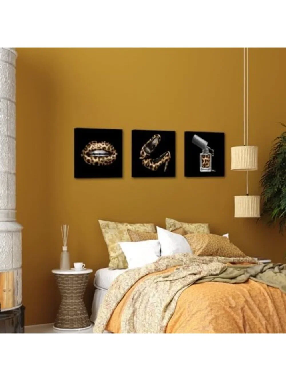 Chic Leopard Print & High Heels Wall Art Set - Modern Black Gold Decor, 3 Pieces